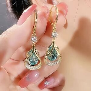 Gold Pale Blue Crystal Zirconia Drop Hoop Earrings Dangle Pendant Teardrop Charm